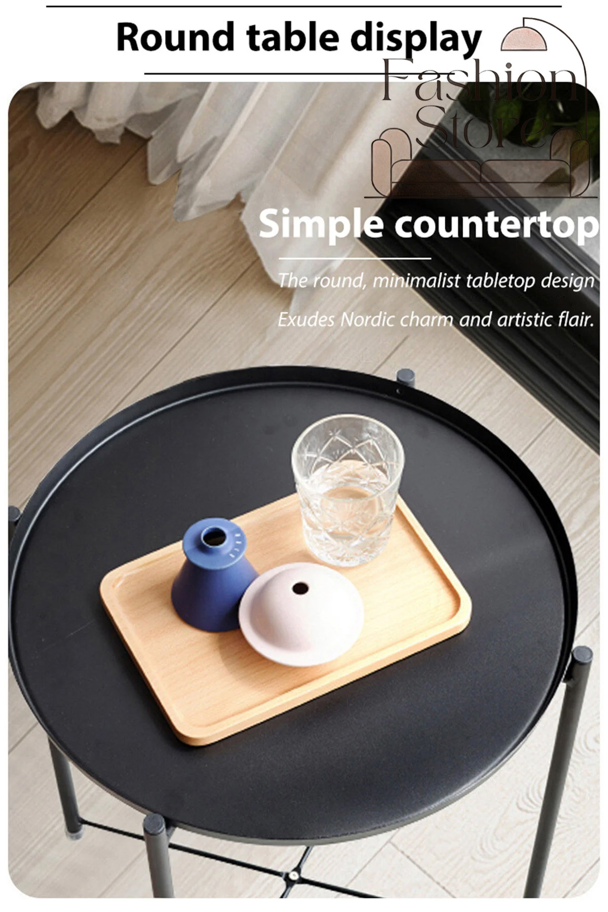 طاولة دائرية من الفولاذ الأسود من فاشن، مقاس 45 × 53 × 45 سم