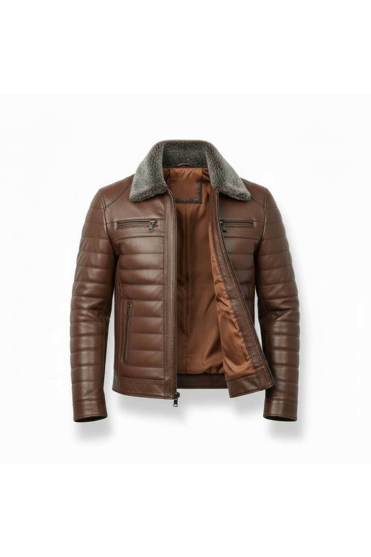 MODA  Erkek Kahverengi Yakası Kürklü Fermuarlı İçi Astarlı Hakiki Deri Mont Ceket - Görsel 2