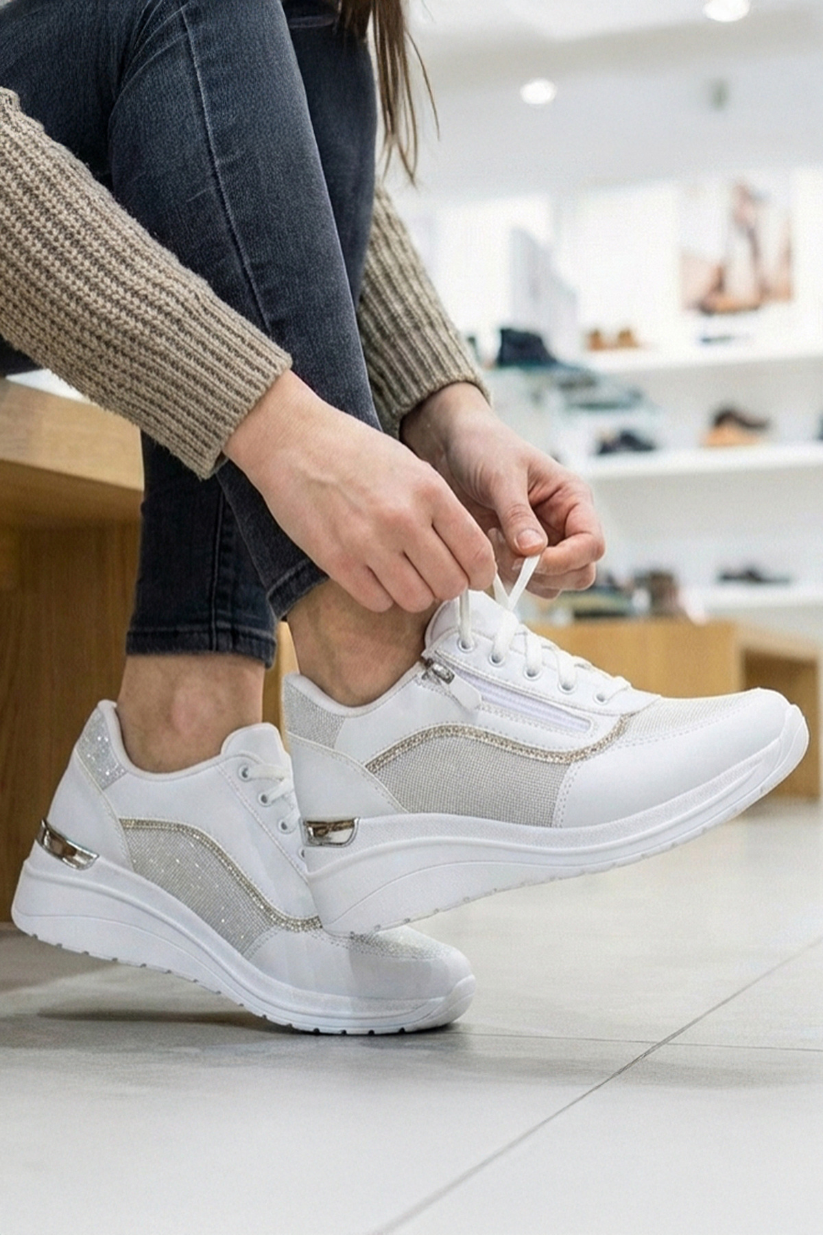 Paris - 1511 Women's Sports Shoes with High Sole Gemstone(4cm) Zipper Detail