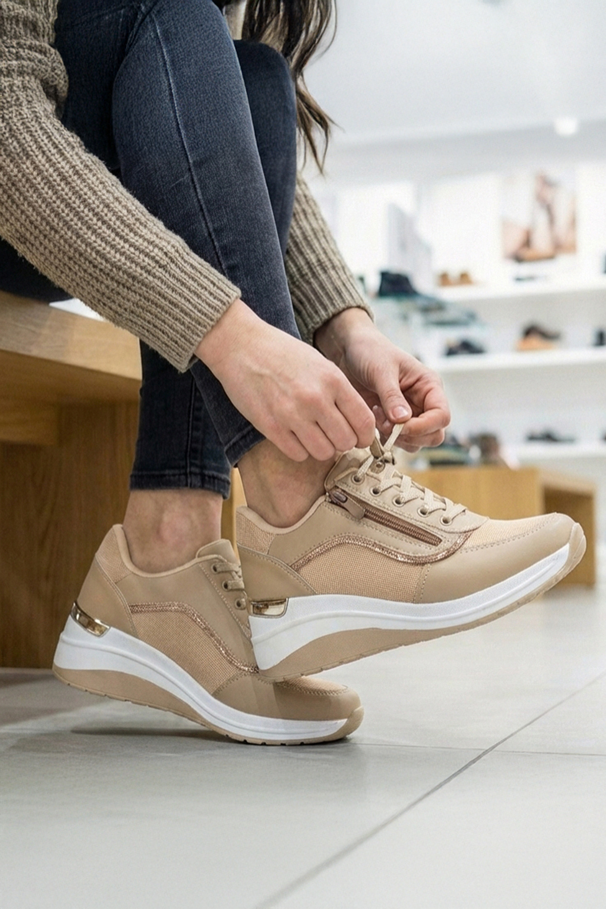 Paris - 1511 Women's Sports Shoes with High Sole Gemstone(4cm) Zipper Detail