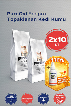 PureOxi 2x10 LT Avantaj Paketi: Ecopro Topaklanan Kokusuz Bentonit Kedi Kumu