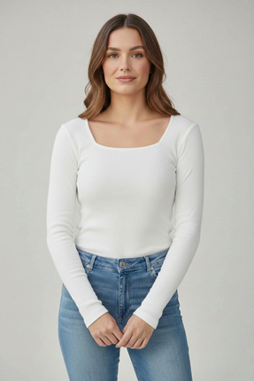 CHEISU Kadın Beyaz Uzun Kollu Kare Yaka T-shirt Bluz Kaşkorse Fitilli