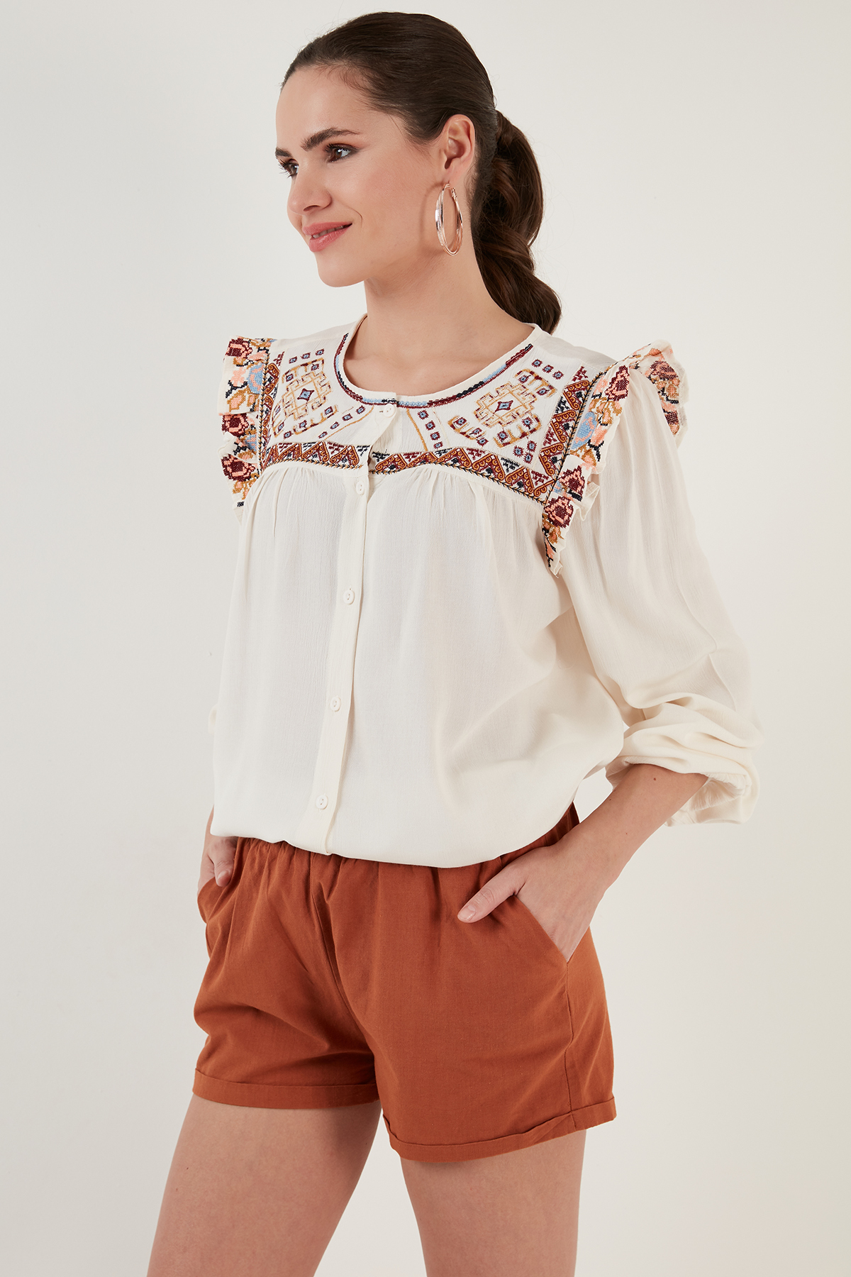 Lela  Etnik Desenli Kol Detaylı Bisiklet Yaka Şile Bezi Gömlek GÖMLEK 611BZ0042 - Görsel 5