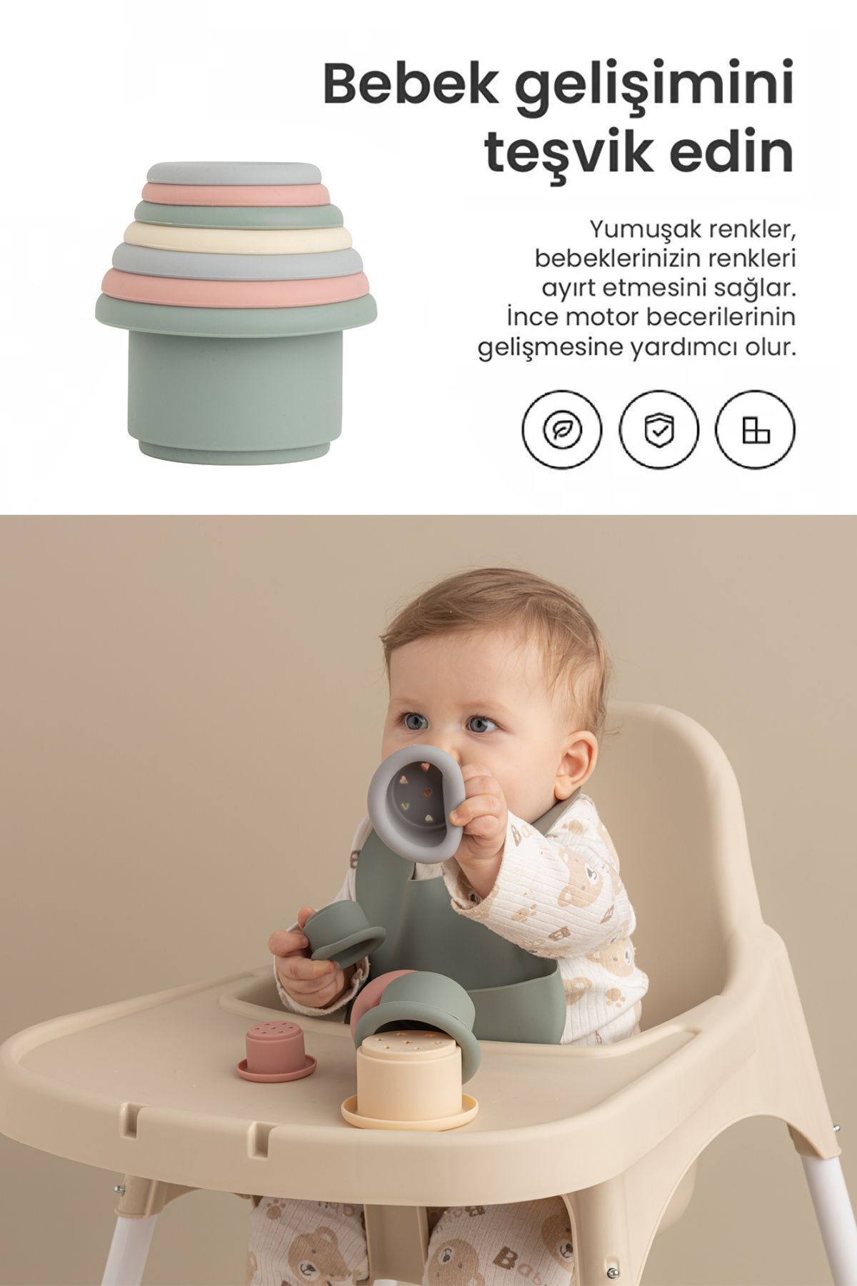 Meleni Baby 7 Parça Silikon Kule Oyuncak - Bebek Duyusal Eğitici Oyun Kulesi Aktivite Oyuncağı Renkli fotoğrafı 2 (önizleme)