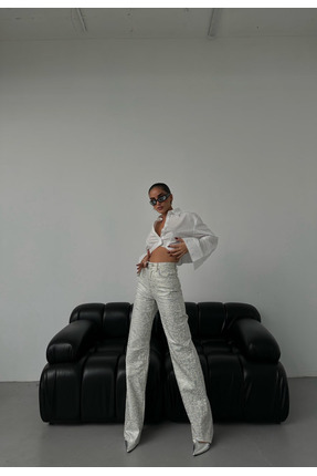 HerTon Metalik Gümüş Düz Paça Yüksek Bel Pantolon