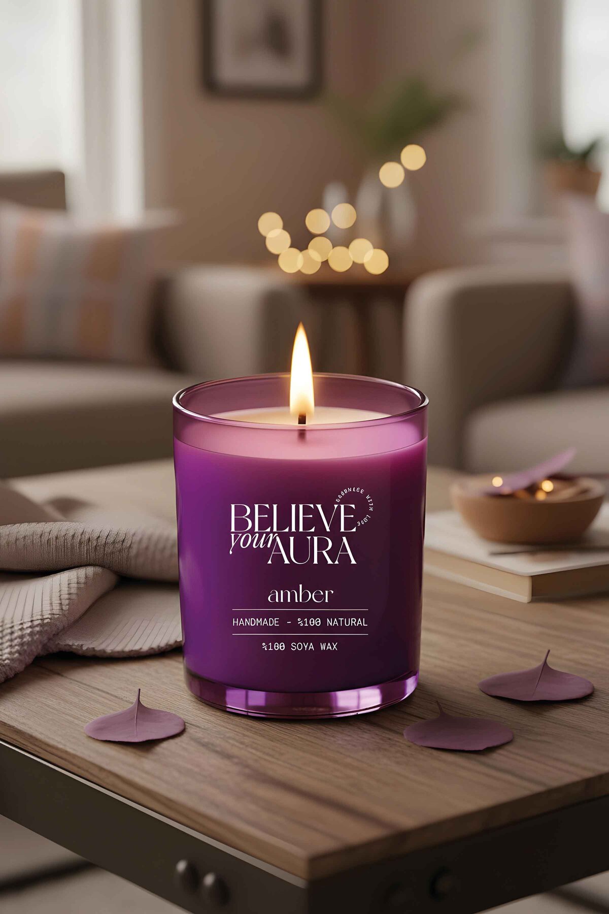 Amber Scented Aromatherapy Candle - 100% Natural Soy Wax Herbal Amber Essential Purple Cup Candle - 300cc