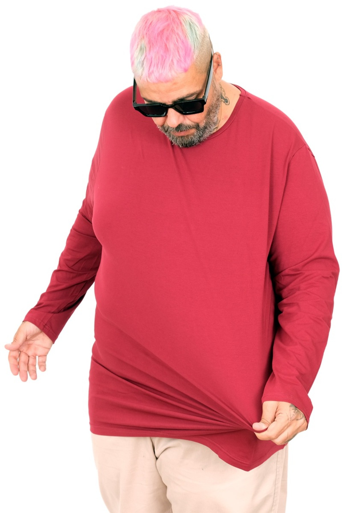 ModeXL Mode XL Büyük Beden Erkek Tshirt Likralı Bisiklet Yaka 20102 Bordo görsel 2