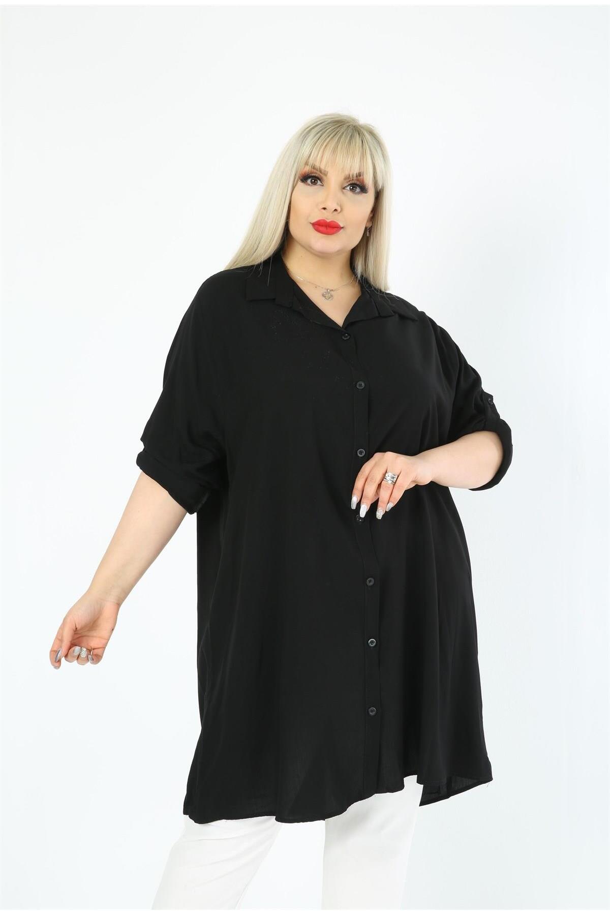 By Alba Collection  Kadın Pamuk Viskon Düz Büyük Beden Tunik Siyah - Görsel 2