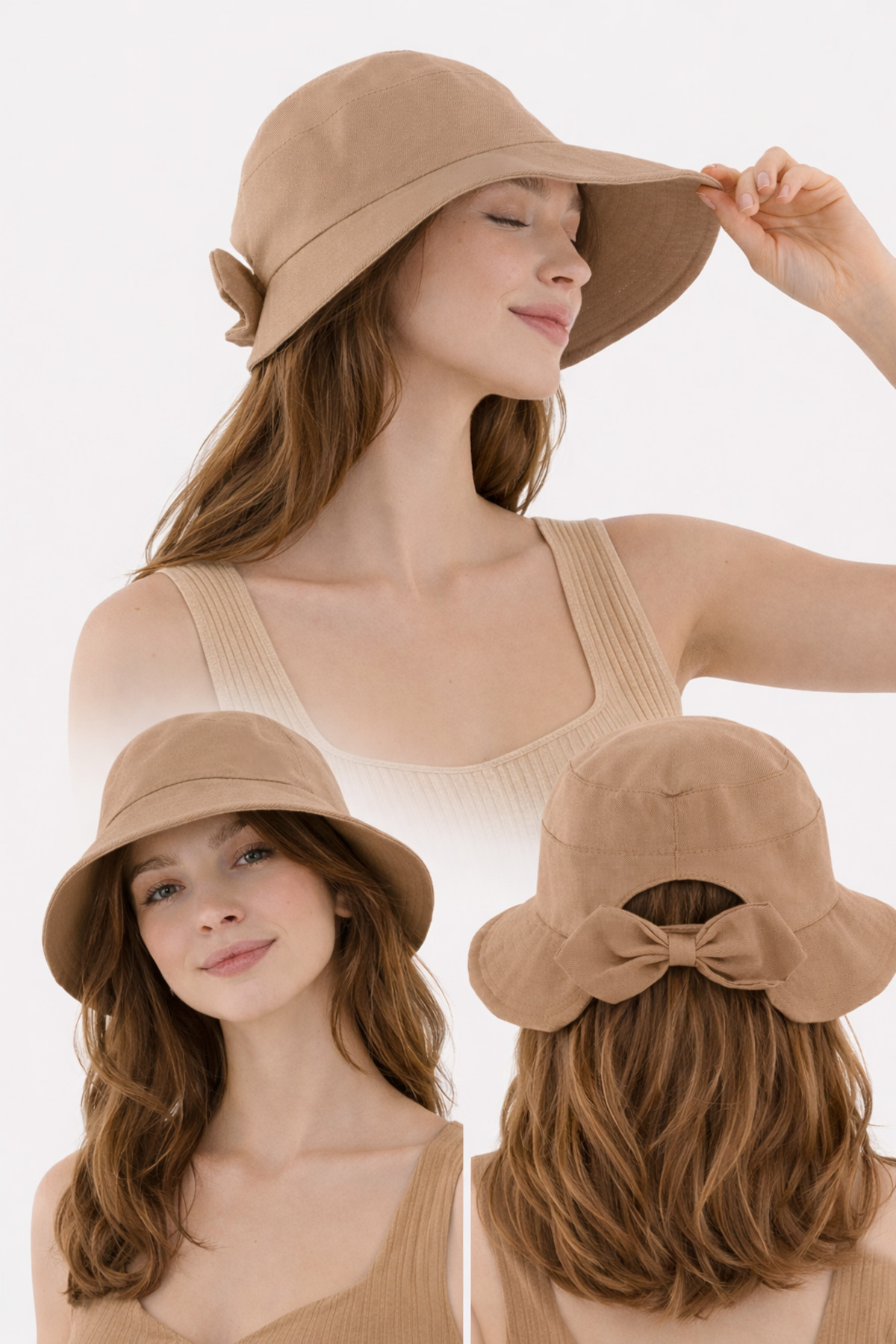 Dark Beige Bowknot Bucket Hat 100% Cotton