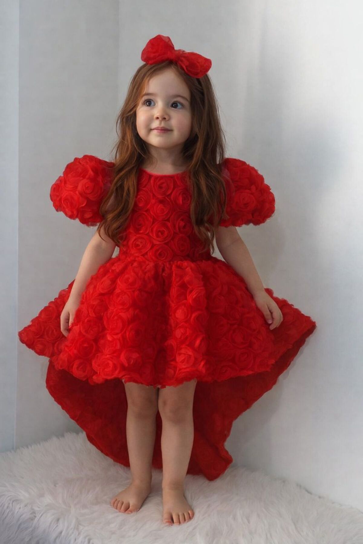 miço kids Kız Çocuk Abiye Elbise 3D Gül Detaylı Fiyonklu Özel Gün Elbisesi