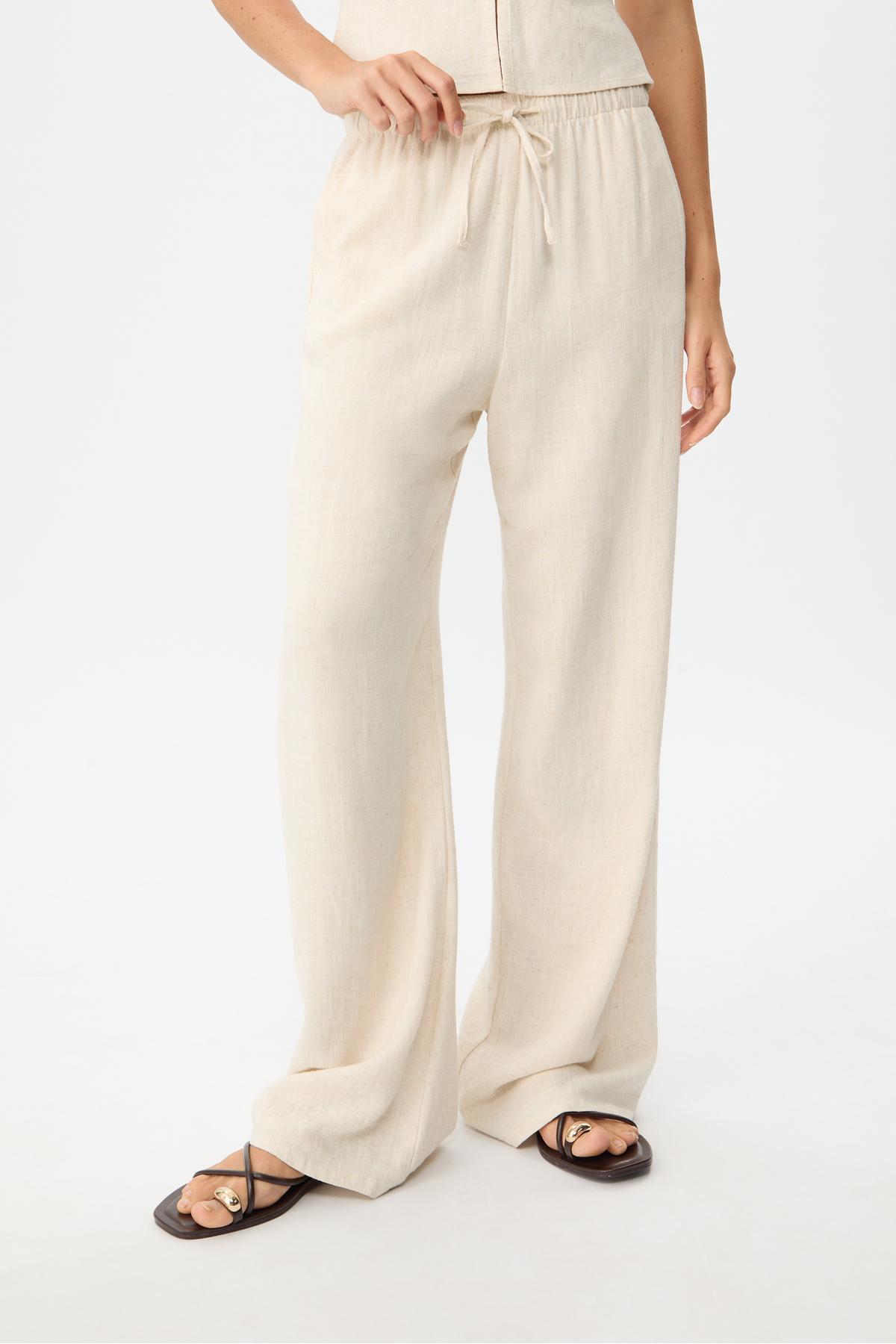 Stradivarius  Keten Karışımlı Bol Kesim Ekru Pantolon - Görsel 2