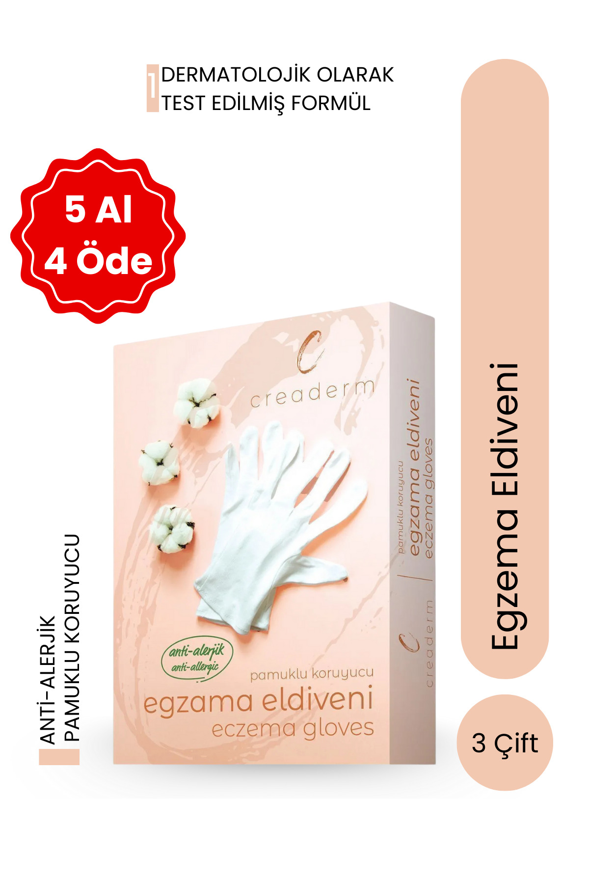 CREADERM  Pamuklu Koruyucu Egzama Eldiveni-%100 Pamuklu- Egzema Eldiveni- 3 Adet