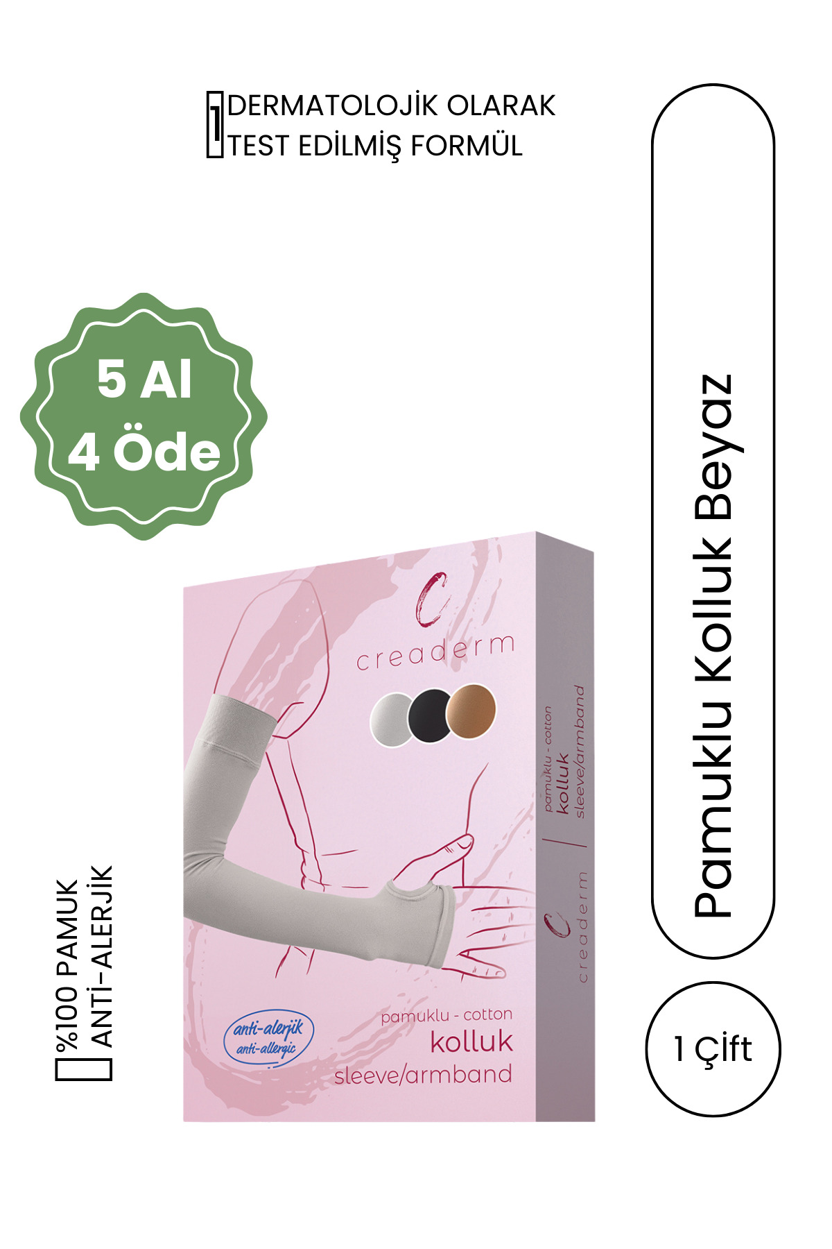 CREADERM 45 Cm Uzun Beyaz Renk Pamuklu Premium Kalite Çift Esnek Kolluk Antialerjik Çok Amaçlı