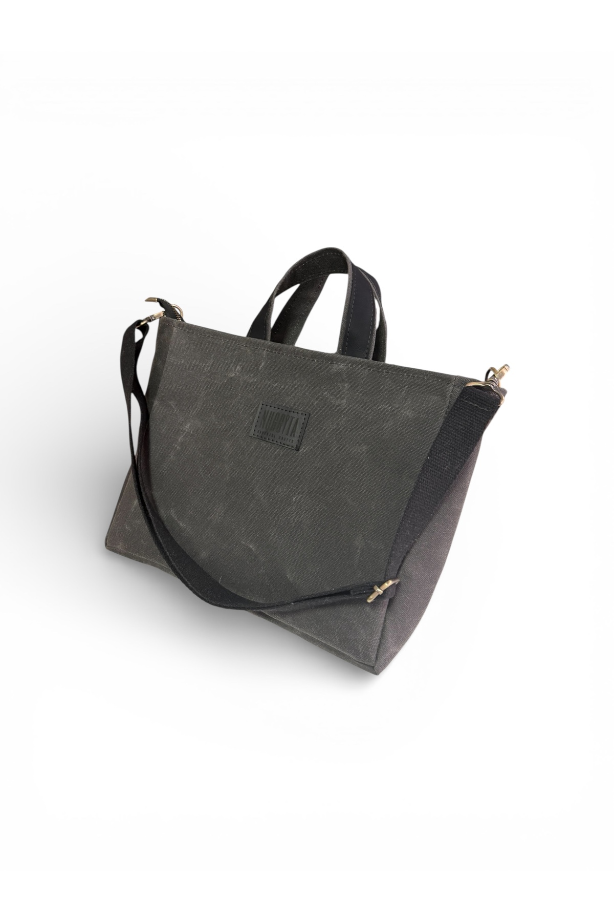 Zippered Medium Waxed Canvas Black Color Handbag / Crossbody