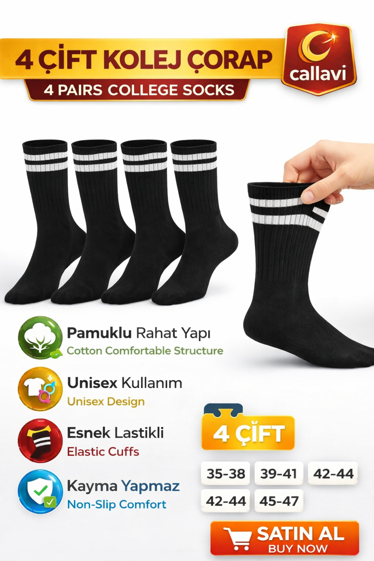 CALLAVI unisex çizgili kolej çorap 4 çift görsel 4