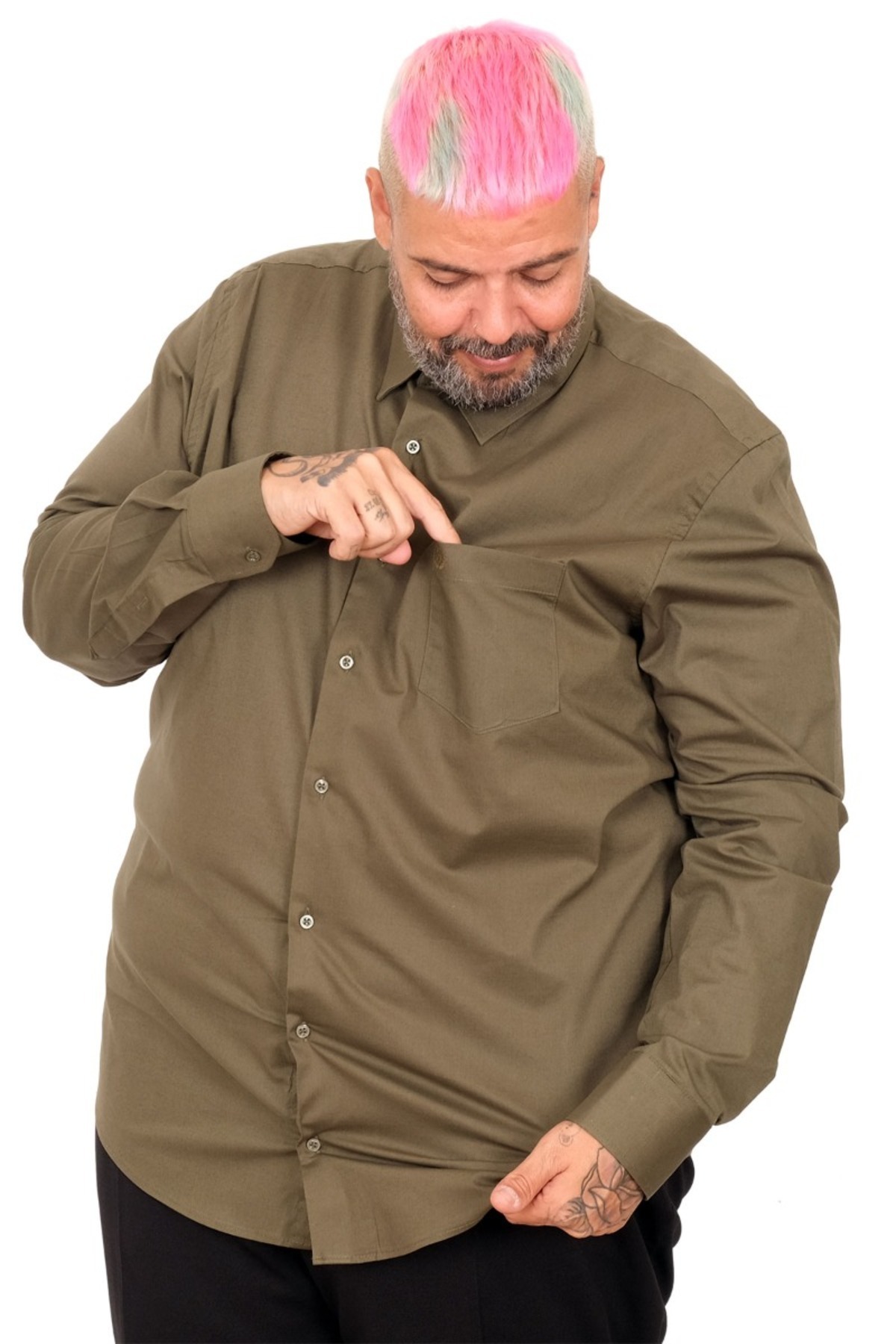 ModeXL Mode XL Büyük Beden Gömlek Ukol Cep Lycra Poplin 20350 Haki görsel 6