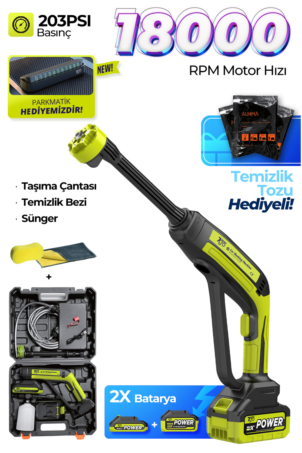 7GO 7CW02 Akülü Şarjlı Yüksek Basınçlı Araç ve Bahçe Yıkama Temizleme Tabanca...