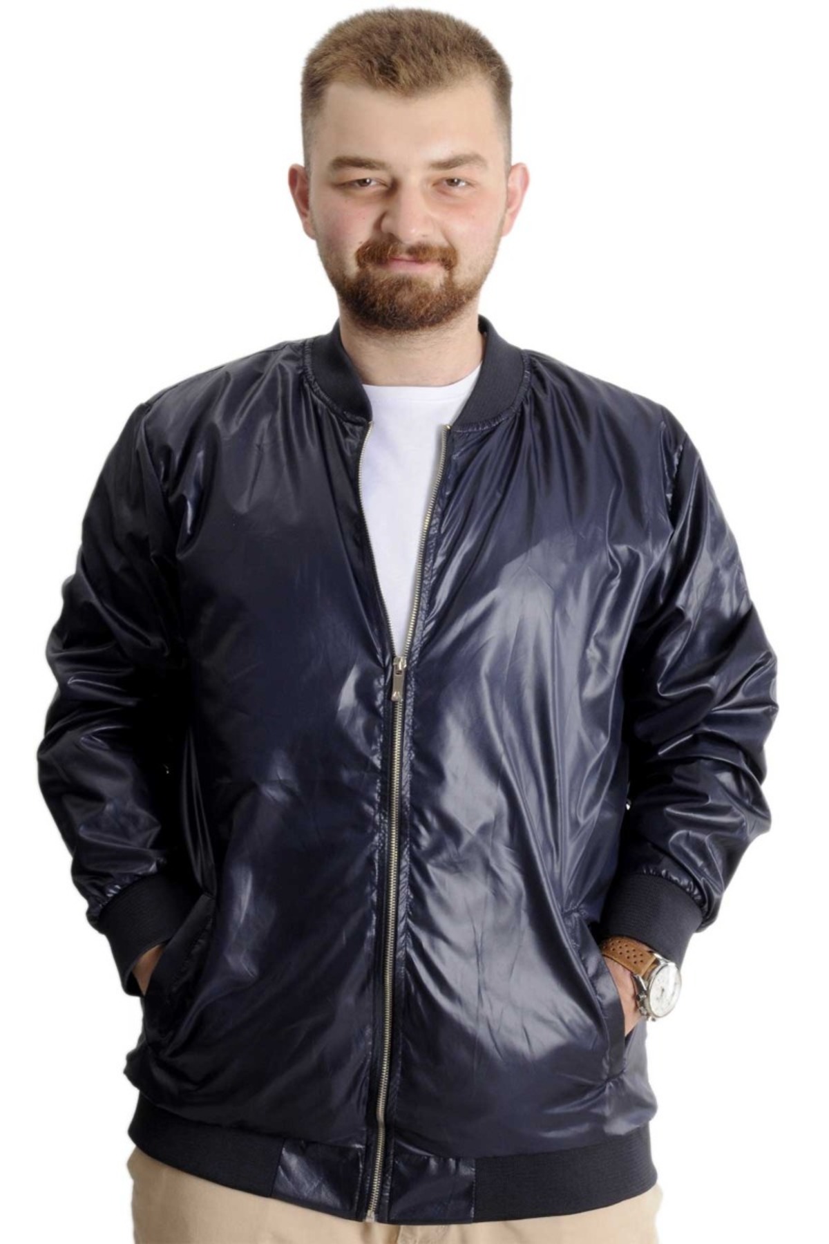 ModeXL Mode XL Büyük Beden Erkek YAZLIK INCE Kolej Mont Fermuarlı Jesica 22612 Lacivert