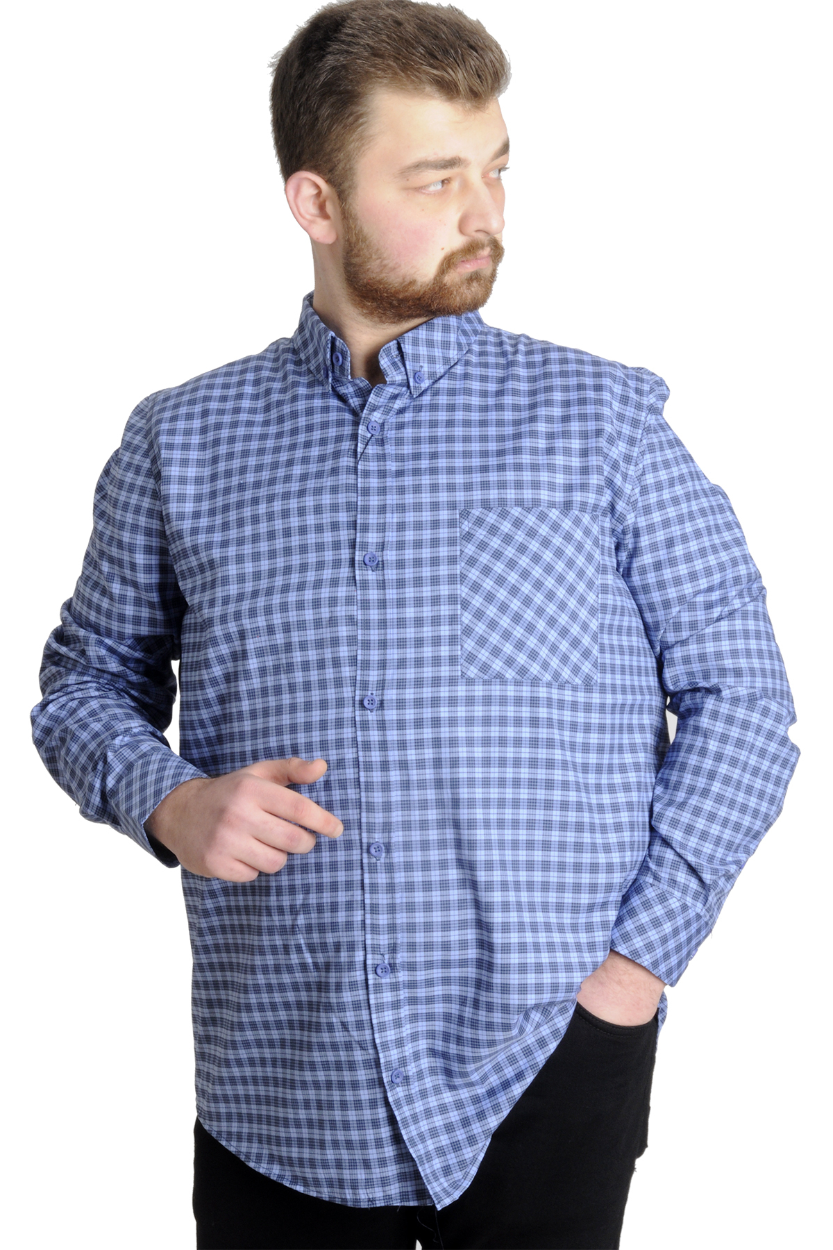 ModeXL Mode XL Büyük Beden Erkek Gömlek Ekose Uzun Kollu 23300 Açık Gri görsel 5