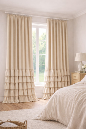 Perdeplus Pamuklu Keten Tasarım Fırfırlı Fon Perde Tek Kanat Buldan Kumaş Bej...