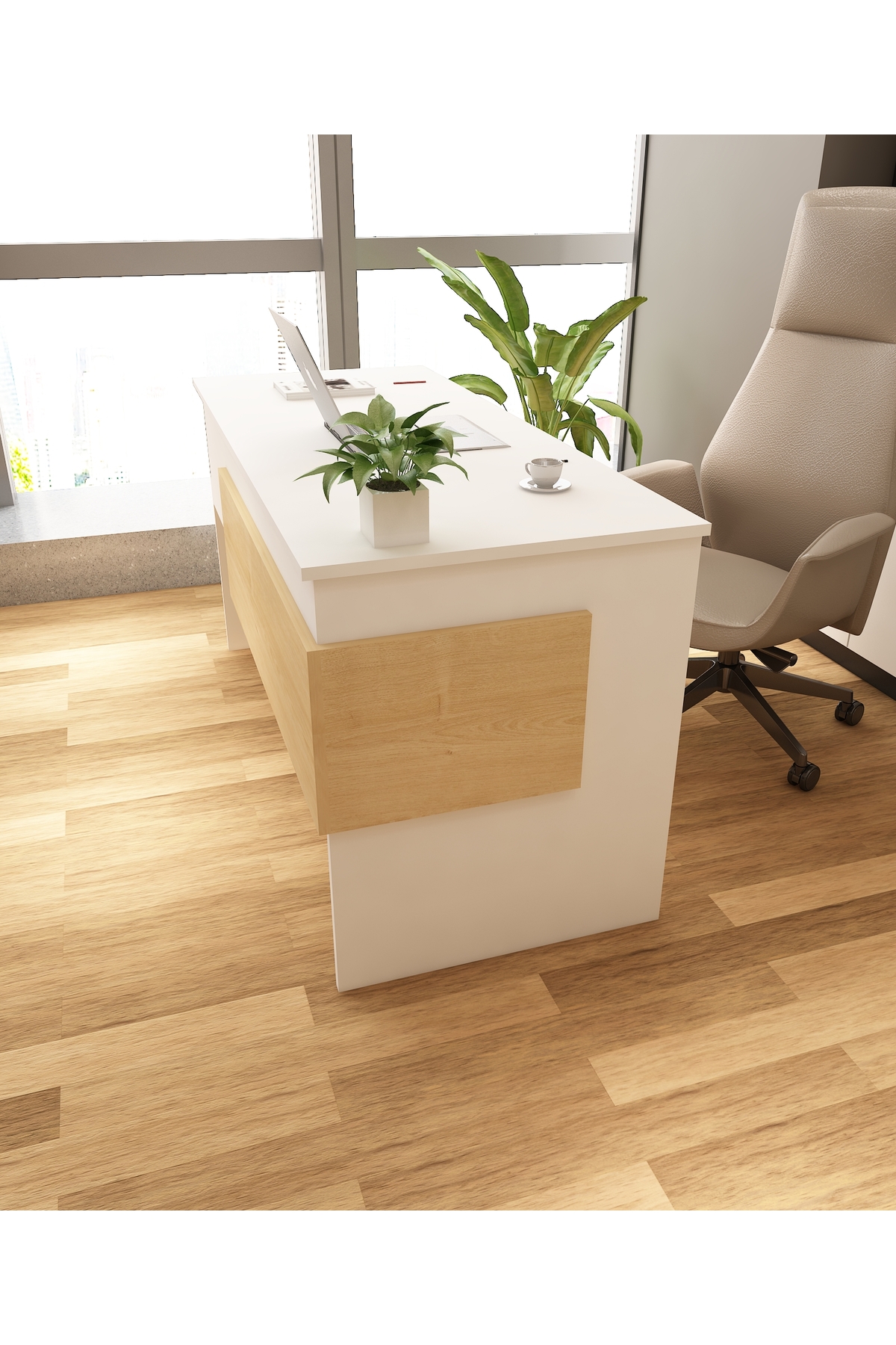 Karen 60x144 Çalışma Masası Ofis Masası Bilgisayar Masası| Beyaz - Safir Meşe 3