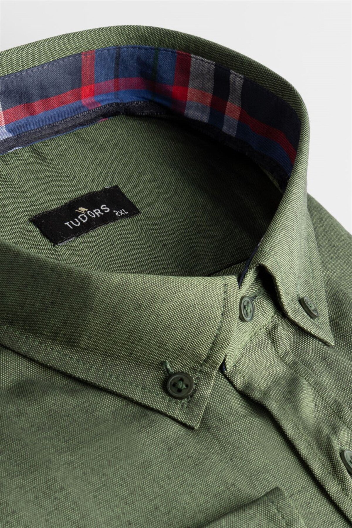 Tudors  Erkek Büyük Beden Rahat Kesim Pamuklu Kolay Ütülenebilir Düğmeli Yaka Düz Haki Spor Gömlek