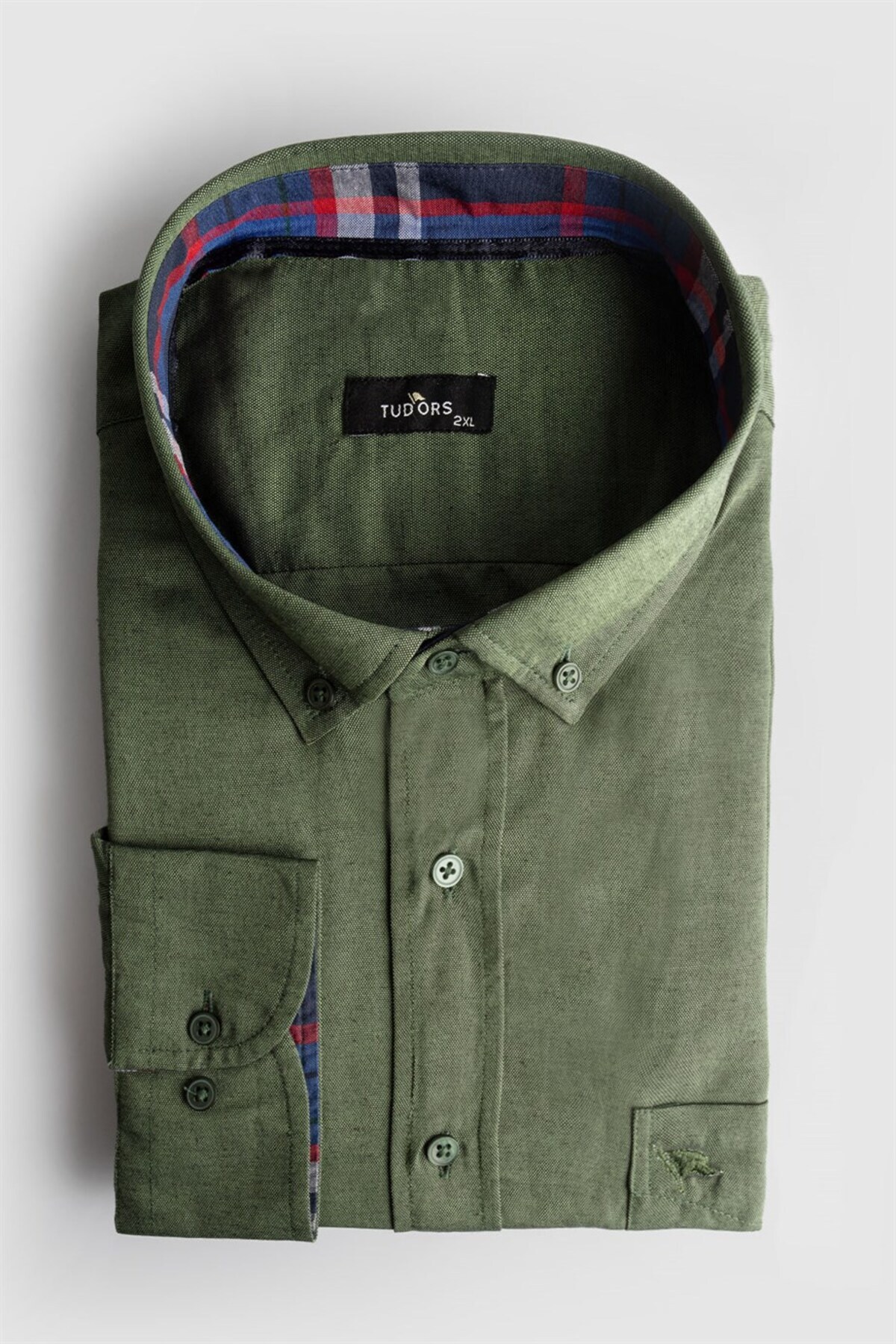 Tudors  Erkek Büyük Beden Rahat Kesim Pamuklu Kolay Ütülenebilir Düğmeli Yaka Düz Haki Spor Gömlek - Görsel 2