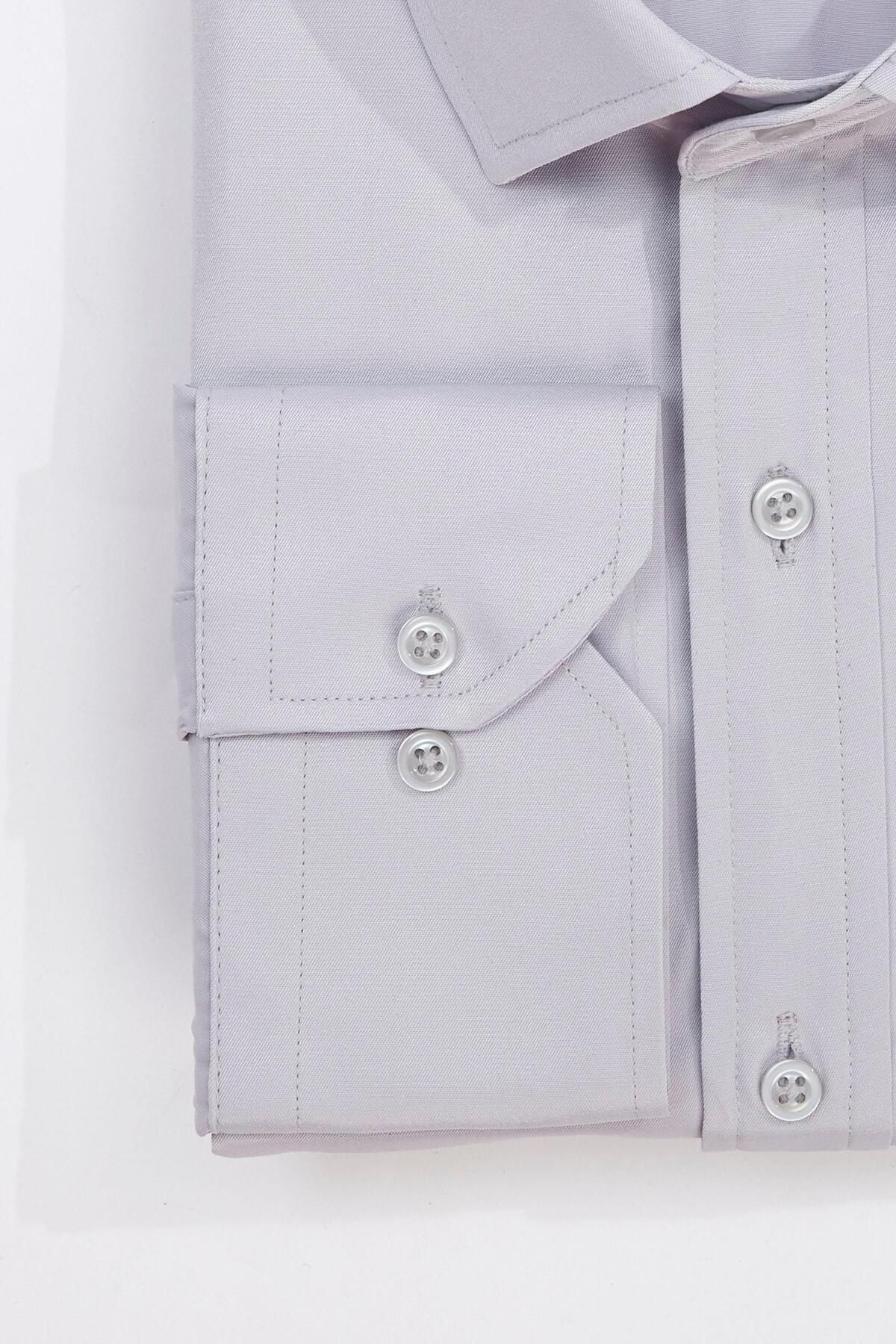 Tudors  Erkek Big Size Büyük Beden Uzun Kollu Pamuklu Tek Cepli Saten Gri Gömlek - Görsel 3