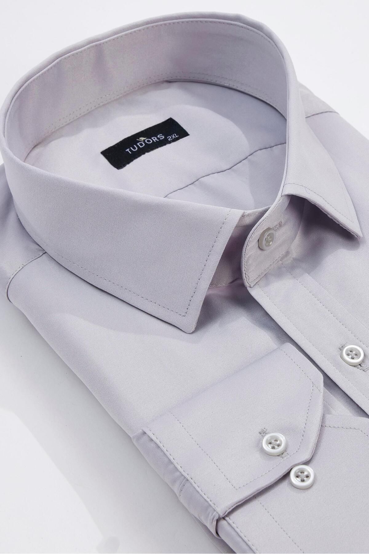 Tudors  Erkek Big Size Büyük Beden Uzun Kollu Pamuklu Tek Cepli Saten Gri Gömlek