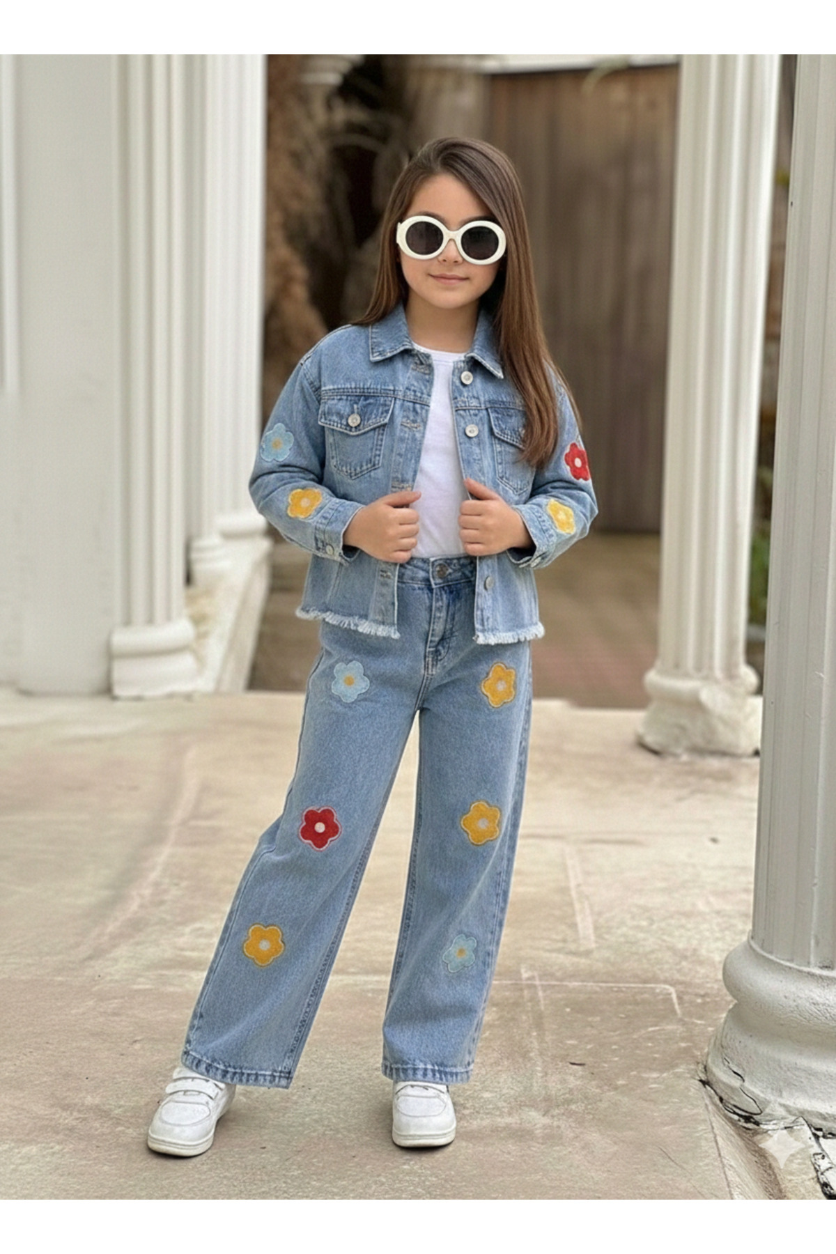 トップス FLOWER LINER JACKET FLOWER TAPERED PANTS DoğaButikGiyim Girls' Flower-Detail Denim Jacket and Pants Set
