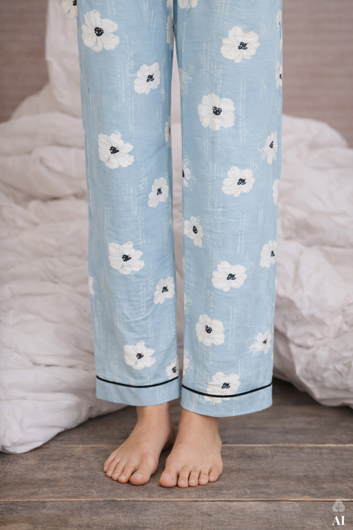 koza iç giyim  Kadın V Yaka Çiçek Desenli Ara Biyeli Uzun Kollu Pamuklu Pijama Takımı - Görsel 3