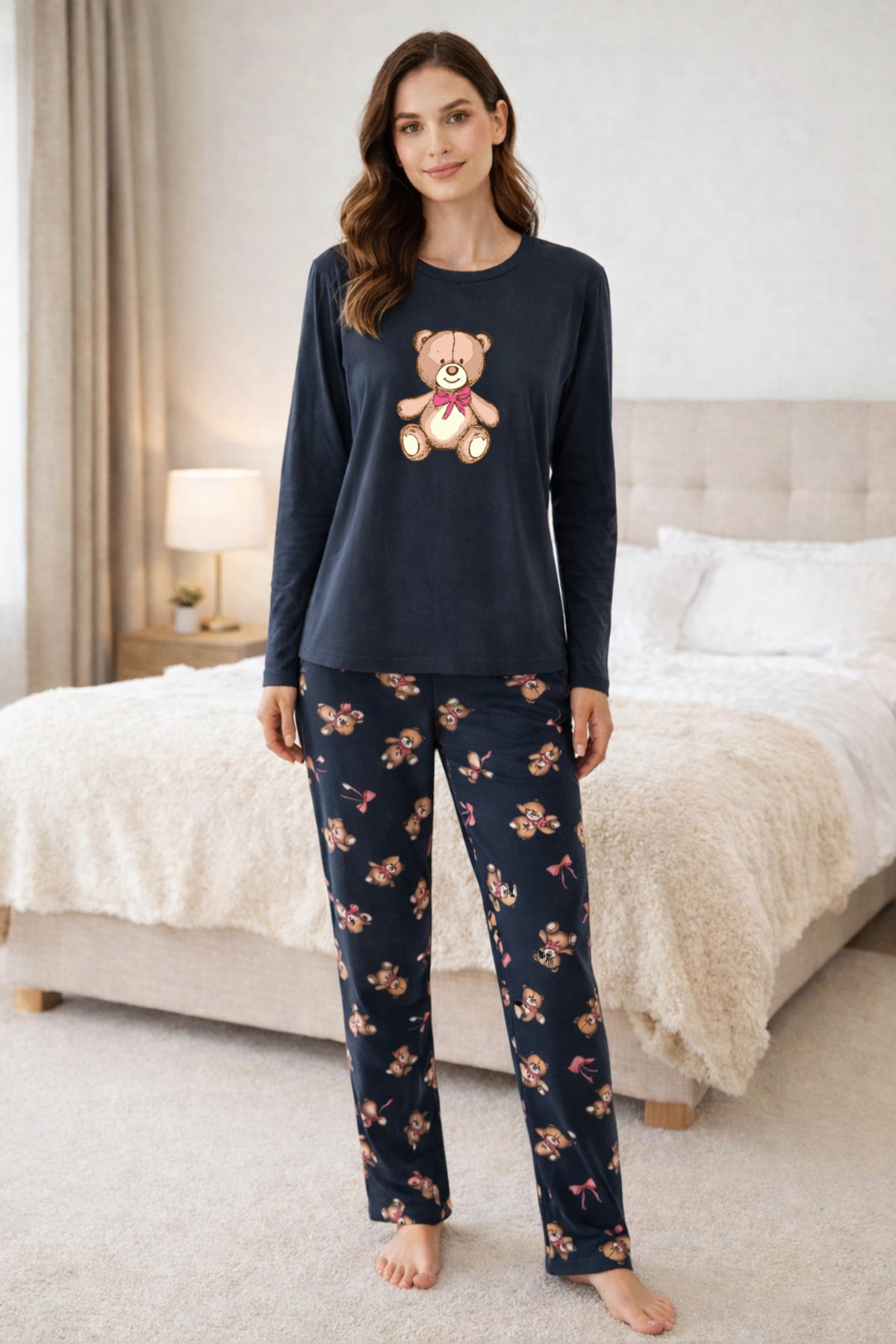 koza iç giyim Kadın Pamuklu Ayıcıklı Pijama Takımı
