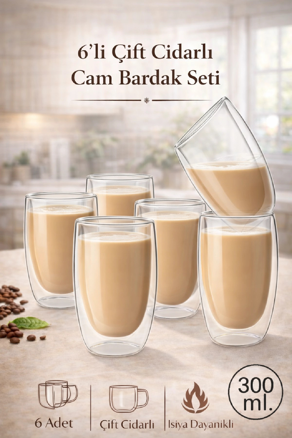 6-Piece Double Wall Glass Coffee Cup Set 300 ml Heat Resistant Transparent Latte Cup Coffee Cup
