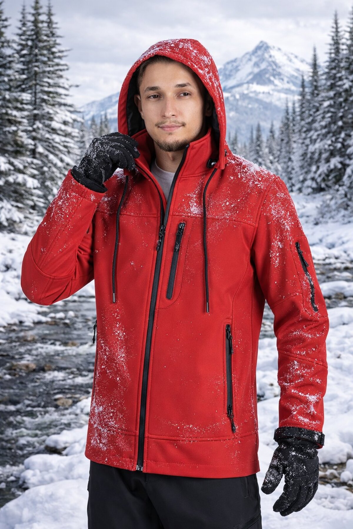 Vatan Tekstil Erkek Slim Fit Softshell Kapüşonlu Erkek Mont Su İtici Rüzgar Geçirmez
