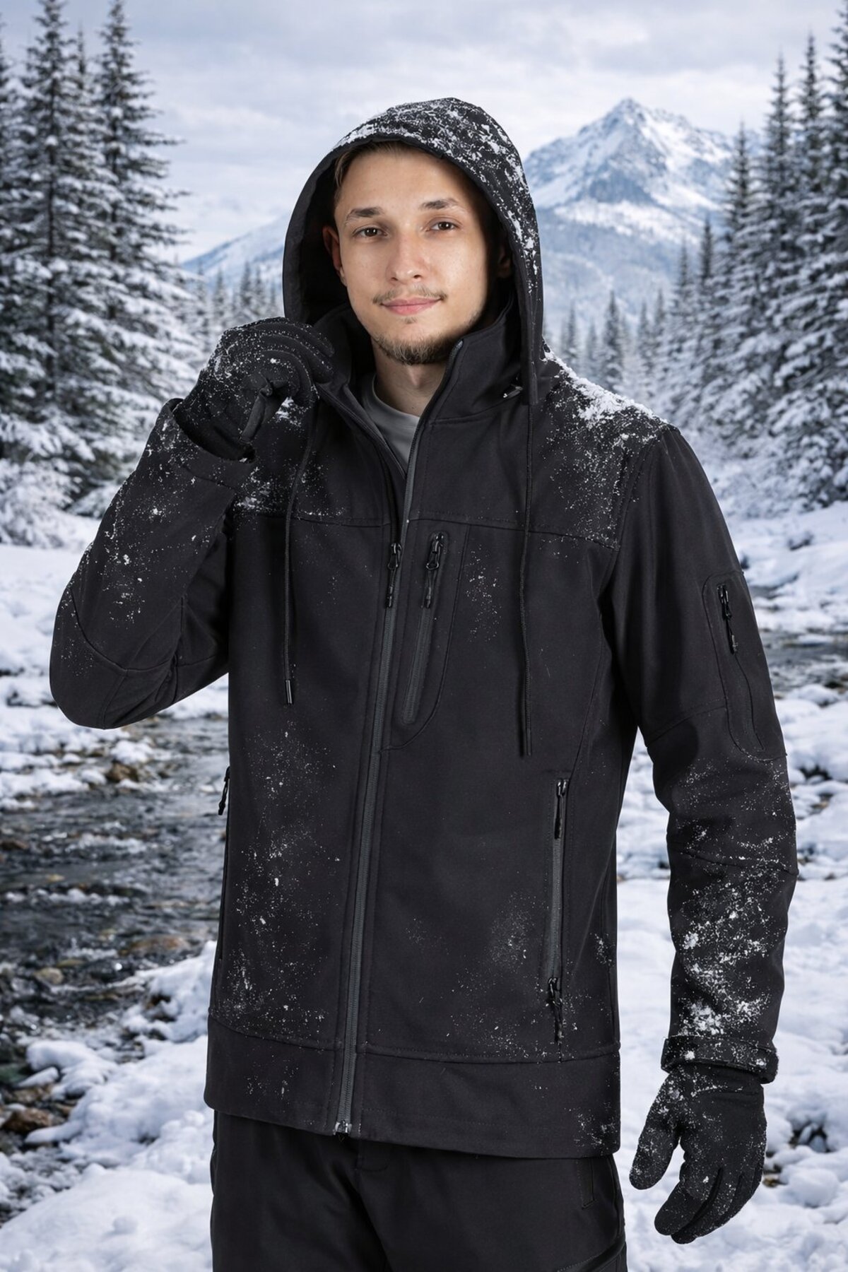 Vatan Tekstil Erkek Slim Fit Softshell Kapüşonlu Erkek Mont Su İtici Rüzgar Geçirmez