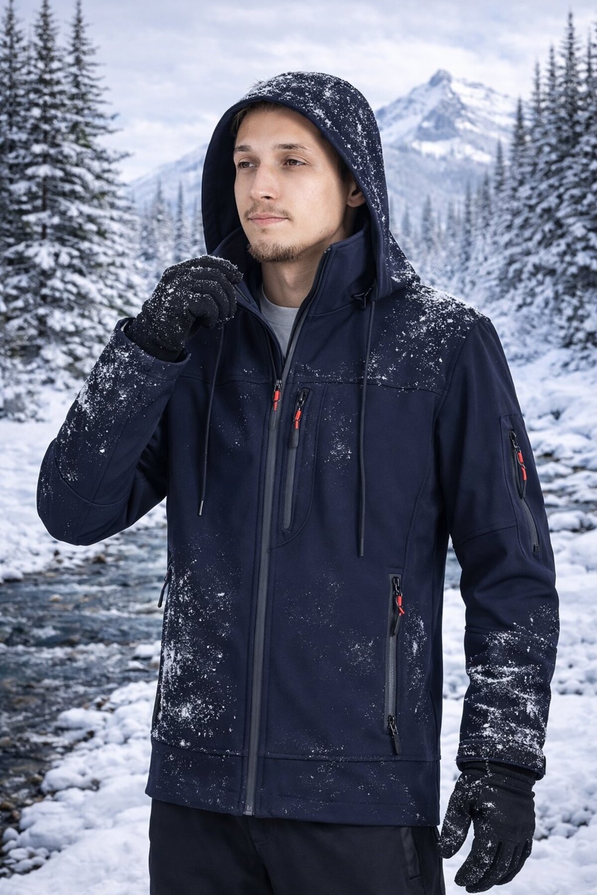 Erkek Slim Fit Softshell Kapüşonlu Erkek Mont Su İtici Rüzgar Geçirmez — سرمه‌ای VTN26K0001
