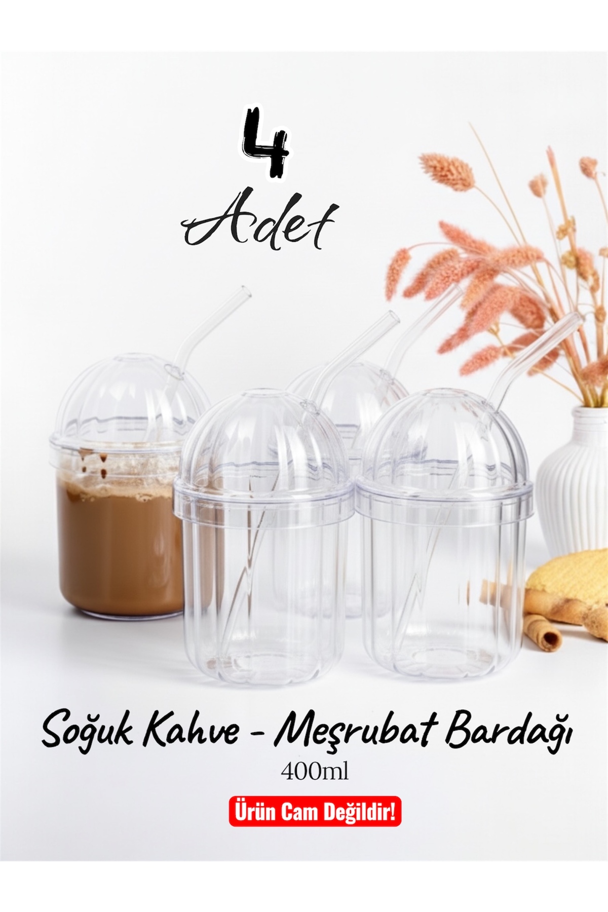 MONİCA CRYSTAL CUP WITH 4 GLASS STRAWS 400ML COLD COFFEE CUP LEMONADE CUP SOFT DRINK CUP