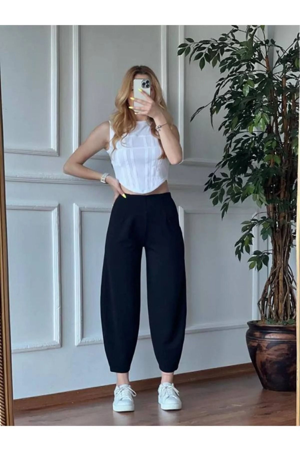 BILDEŞA  Krep Likralı Balon Pantolon Siyah P101 - Görsel 6