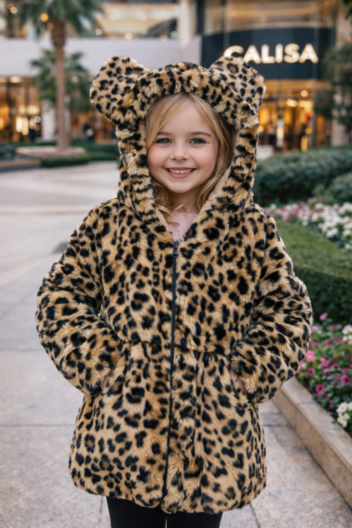 Calisa Kız Çocuk Leopar Desenli Peluş Kürk Mont Kaban fotoğrafı 5 (önizleme)