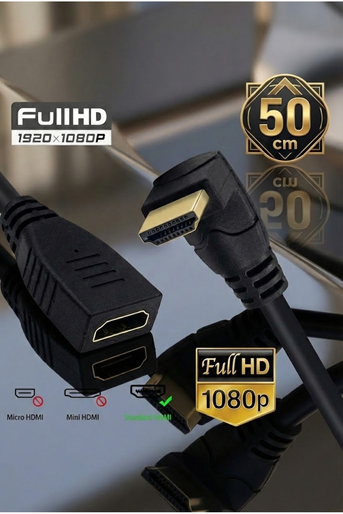 50 Cm Hdmi Uzatma Kablosu 90 Derece Açı Erkek Dişi Adaptör TVler Dizüstü Bilgisayarlar için L Tipi