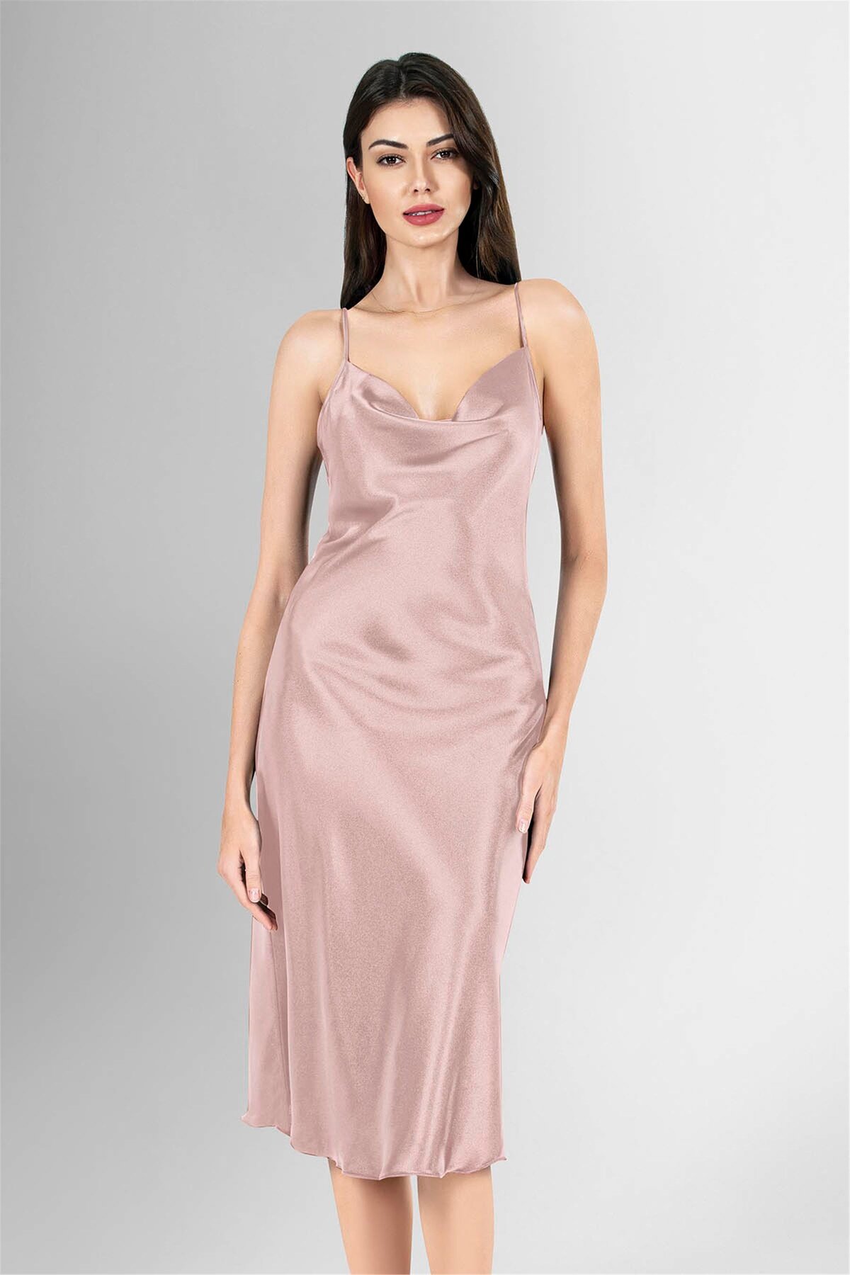 Obje Kadın Pudra Saten Elbise
