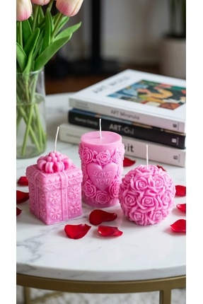 Raw Home Pembe Çilek Kokulu 3’lü Mum Seti - Hediyelik %100 Soya – Love Gül Ta...
