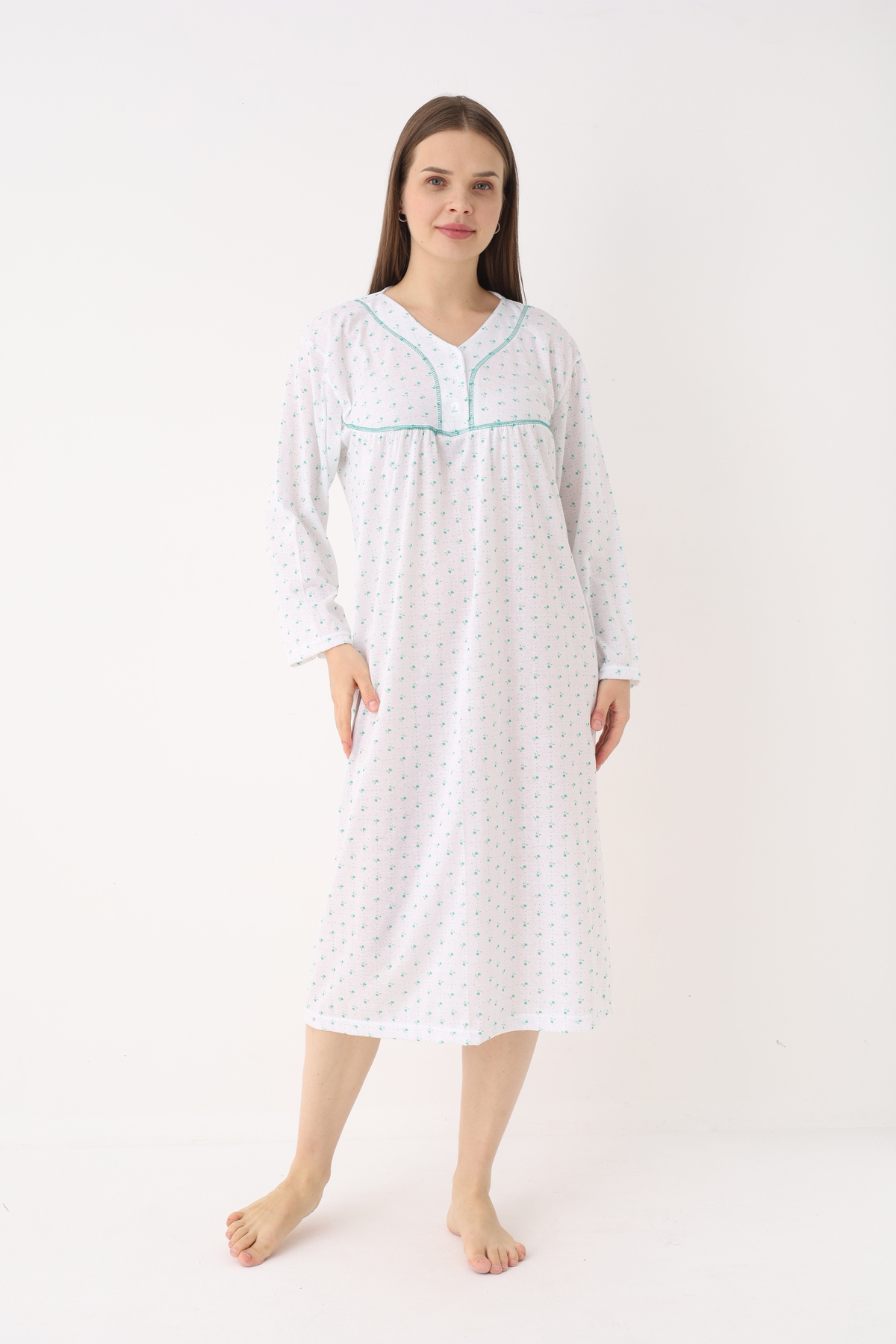 YASAR UNDERWEAR Kadın %100 Pamuk Uzun Kollu Gecelik – Hakim Yaka, Yarım Pat Düğmeli, Desenli, Rahat Kalıp