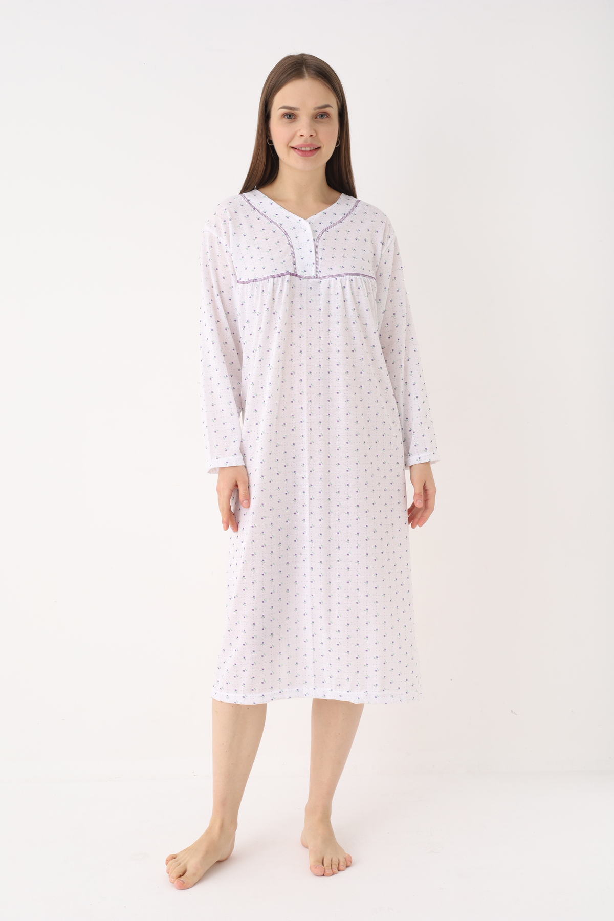 YASAR UNDERWEAR Kadın %100 Pamuk Uzun Kollu Gecelik – Hakim Yaka, Yarım Pat Düğmeli, Desenli, Rahat Kalıp