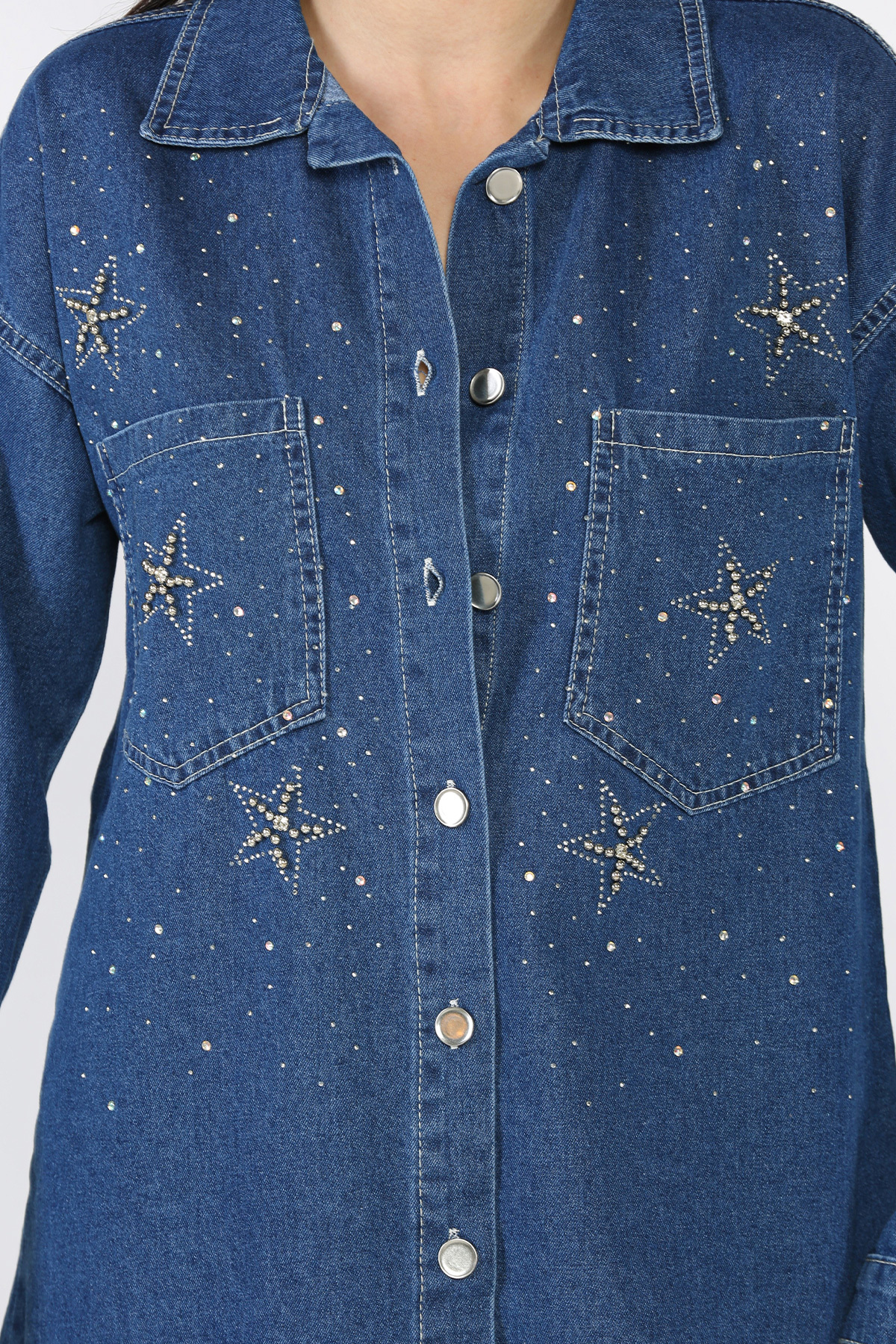 azragül giyim  Çift Cepli Taşlı Kot Jean Ceket - Görsel 3