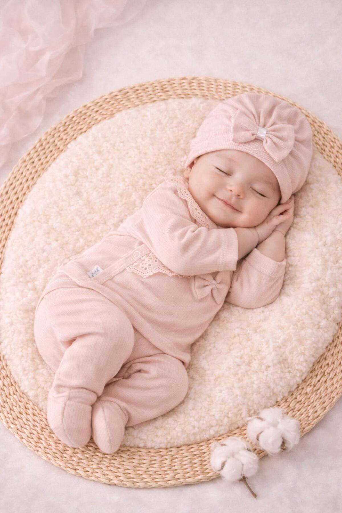 BYS BABY FASHION Fistolu Fiyonklu Natural Lüx %100 Pamuk Yenidoğan Kız Bebek 5 Parça Hastane Çıkışı Zıbın Seti fotoğrafı 5 (önizleme)