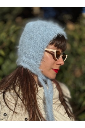 daldandala Buz mavisi merino yünlü kadın bone, bağcıklı balaclava başlık