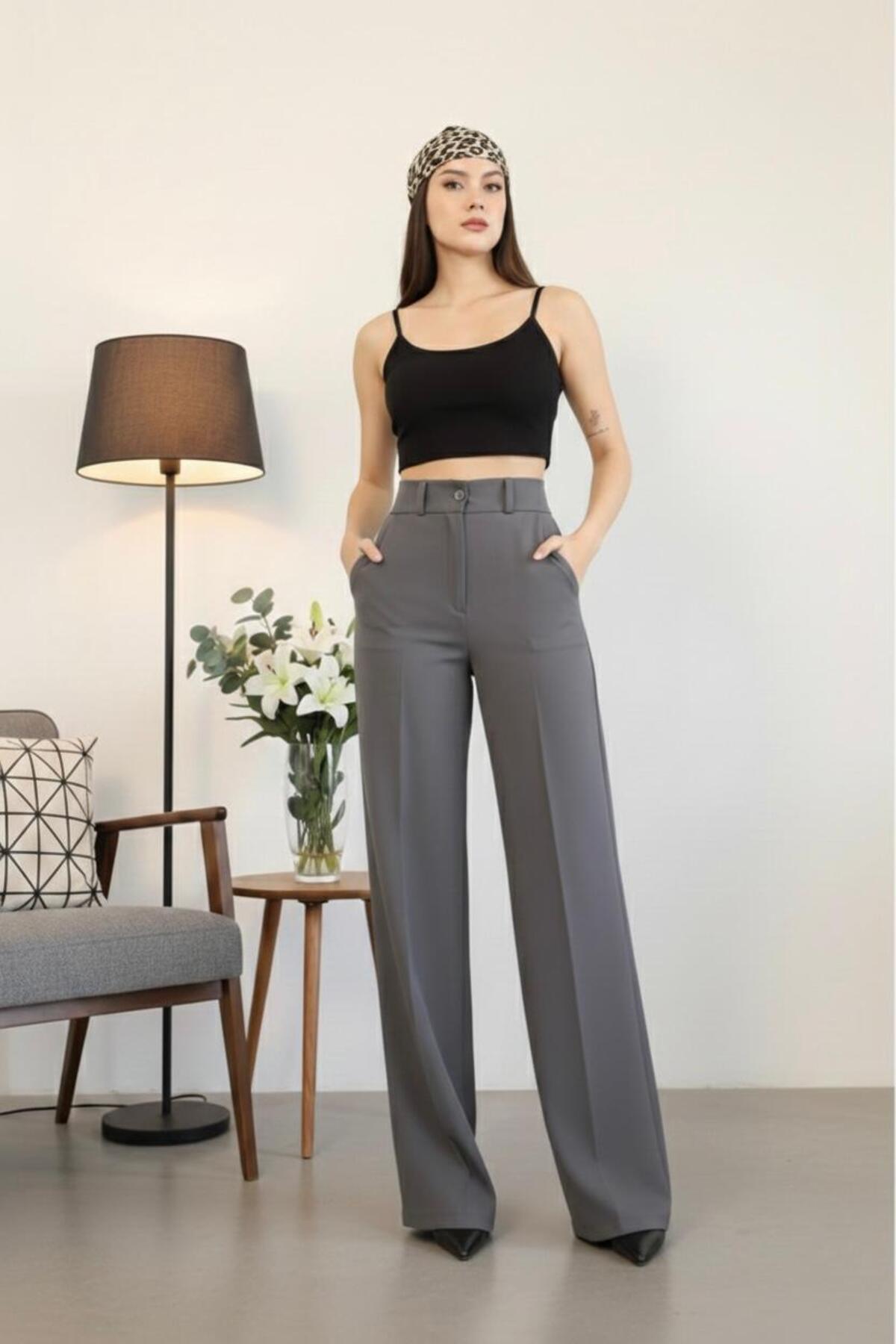 HA-KA GİYİM  Kadın İthal DoubleFace Kumaş Palazzo Kalıp Yüksek Bel Çekme Solma Yapmaz Kaliteli Ürün Likralı - Görsel 4