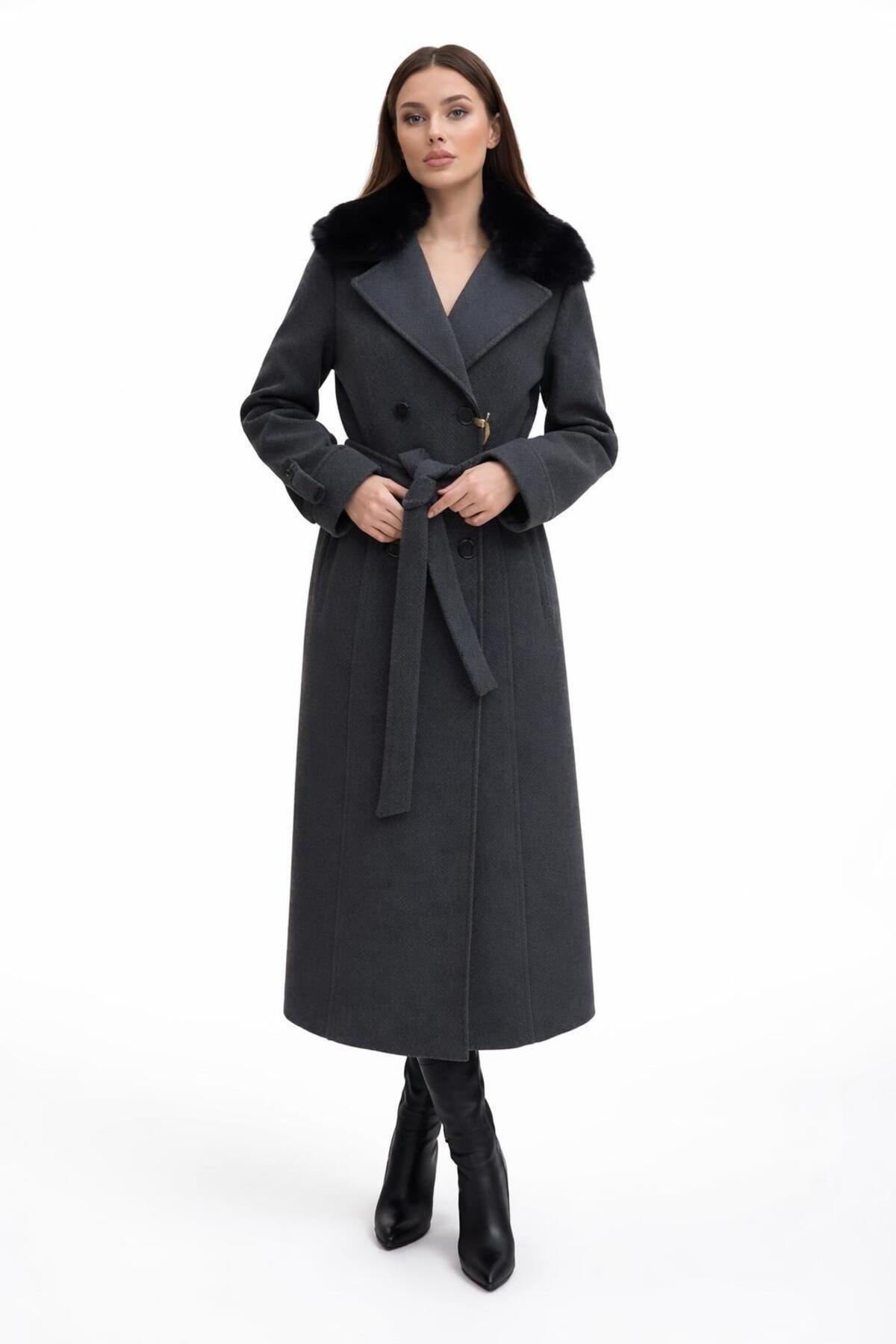 ESİN GİYİM  Asalet Serisi Çıkartılabilir Kürklü Kruvaze Kışlık Kaban - Görsel 3