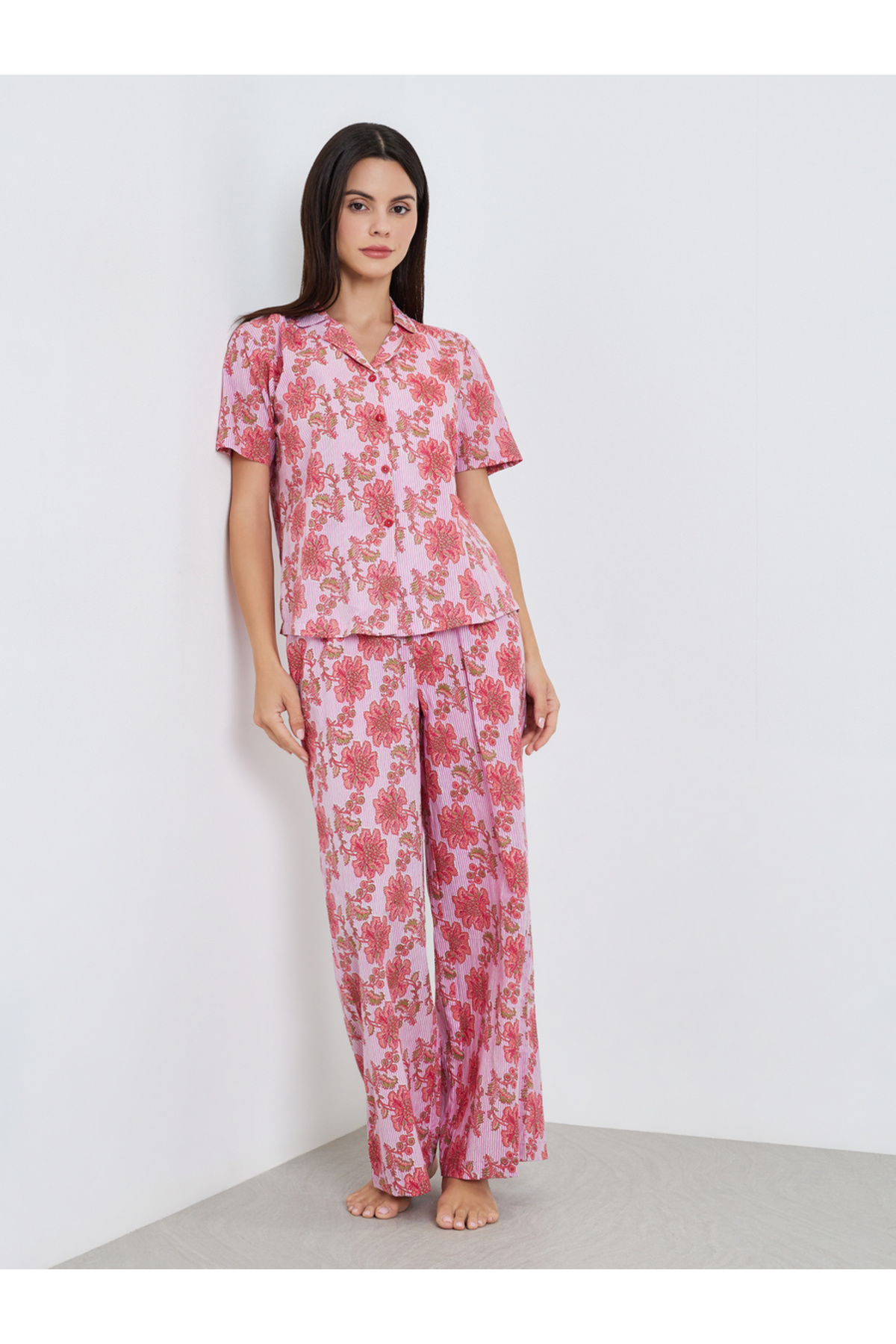 Styli Floral Striped Cotton Shirt and Wide Leg Pyjama Set